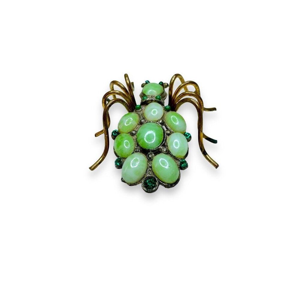 Art Nouveau Jadeite Brass Spider Brooch Green Crystal - Picture 3 of 16